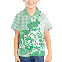 Green Palaka Hawaiian And Japanese Hawaiian Shirt Maneki Neko And Sakura Bloom