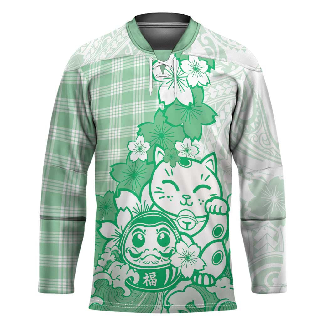 Green Palaka Hawaiian And Japanese Hockey Jersey Maneki Neko And Sakura Bloom DT05 Unisex Green - Polynesian Pride