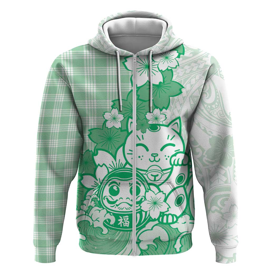 Green Palaka Hawaiian And Japanese Hoodie Maneki Neko And Sakura Bloom DT05 Zip Hoodie Green - Polynesian Pride