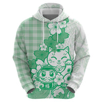 Green Palaka Hawaiian And Japanese Hoodie Maneki Neko And Sakura Bloom DT05 - Polynesian Pride