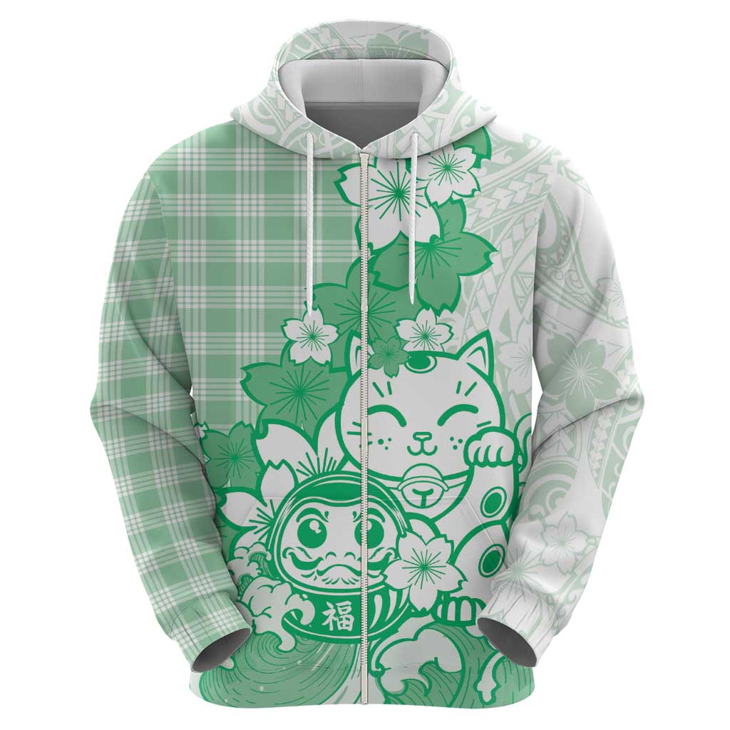 Green Palaka Hawaiian And Japanese Hoodie Maneki Neko And Sakura Bloom DT05 - Polynesian Pride