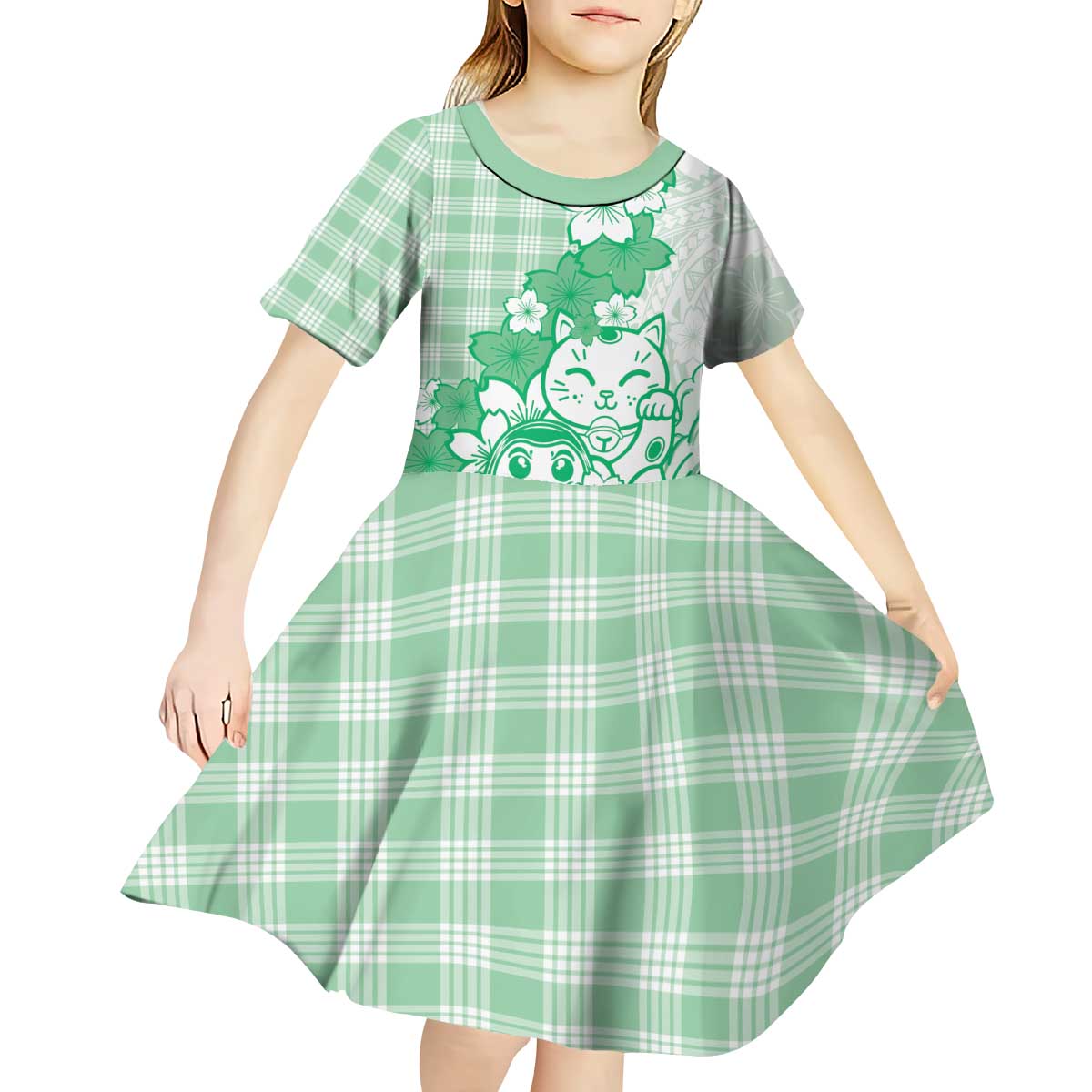 Green Palaka Hawaiian And Japanese Kid Short Sleeve Dress Maneki Neko And Sakura Bloom