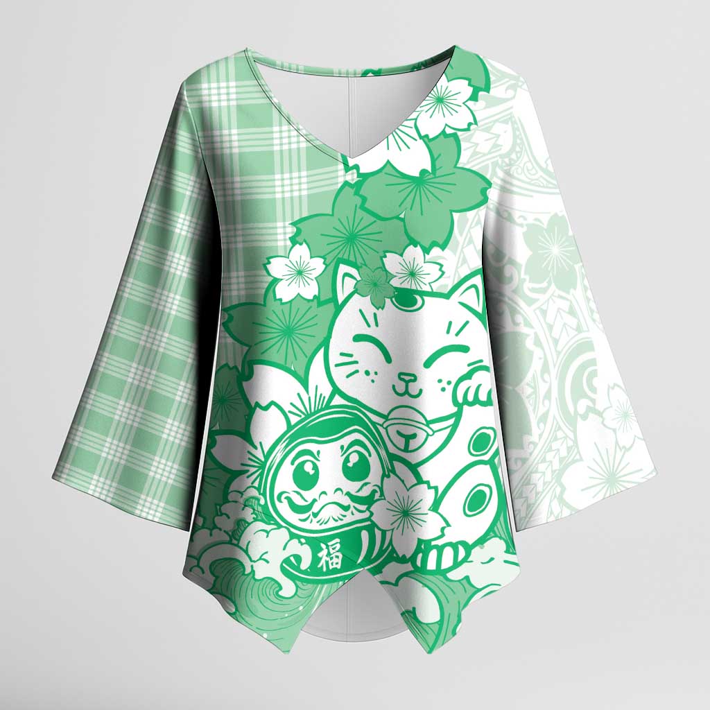 Green Palaka Hawaiian And Japanese Kimono Sleeve Blouse Maneki Neko And Sakura Bloom DT05 Female Green - Polynesian Pride