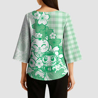 Green Palaka Hawaiian And Japanese Kimono Sleeve Blouse Maneki Neko And Sakura Bloom