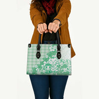 Green Palaka Hawaiian And Japanese Leather Bag Maneki Neko And Sakura Bloom