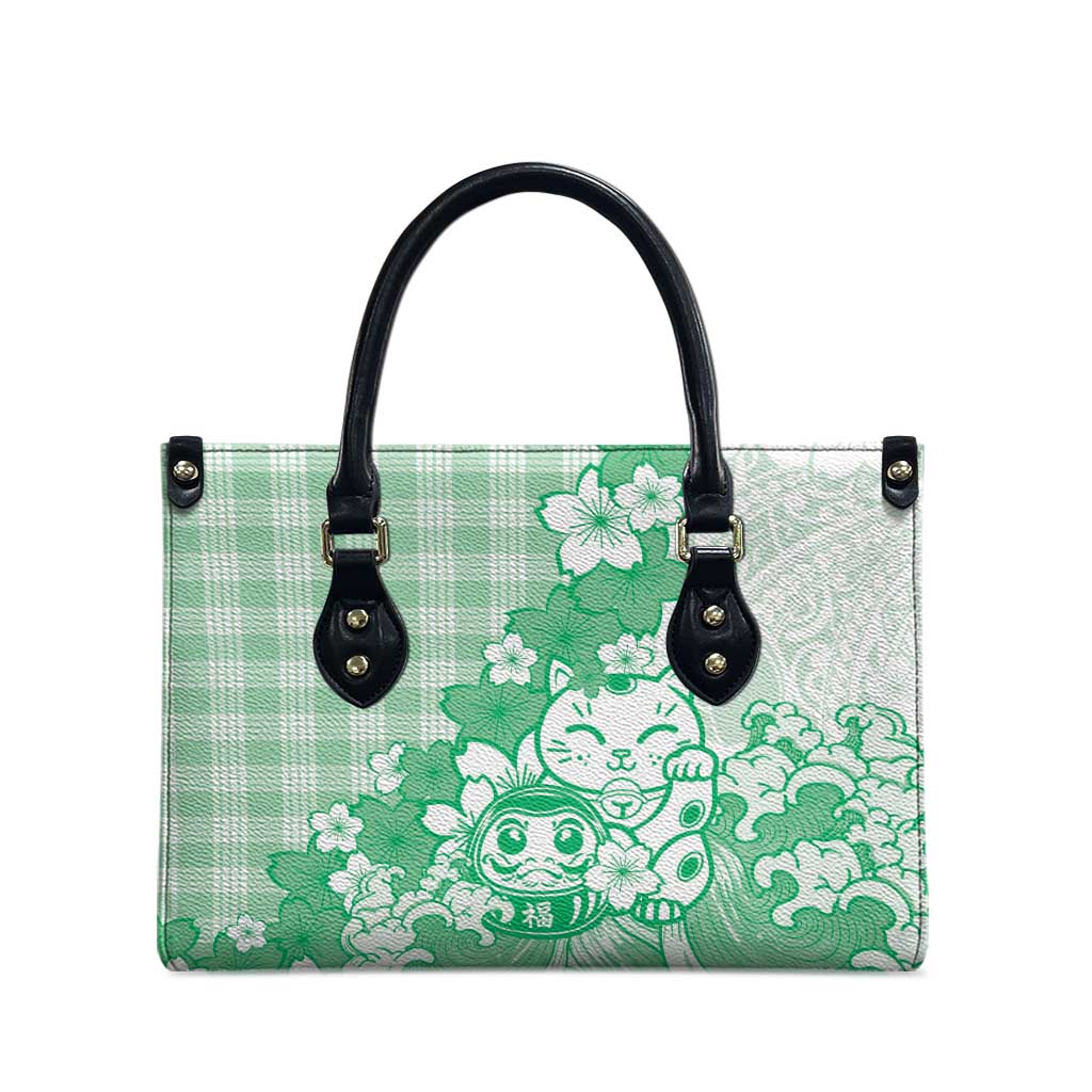 Green Palaka Hawaiian And Japanese Leather Bag Maneki Neko And Sakura Bloom