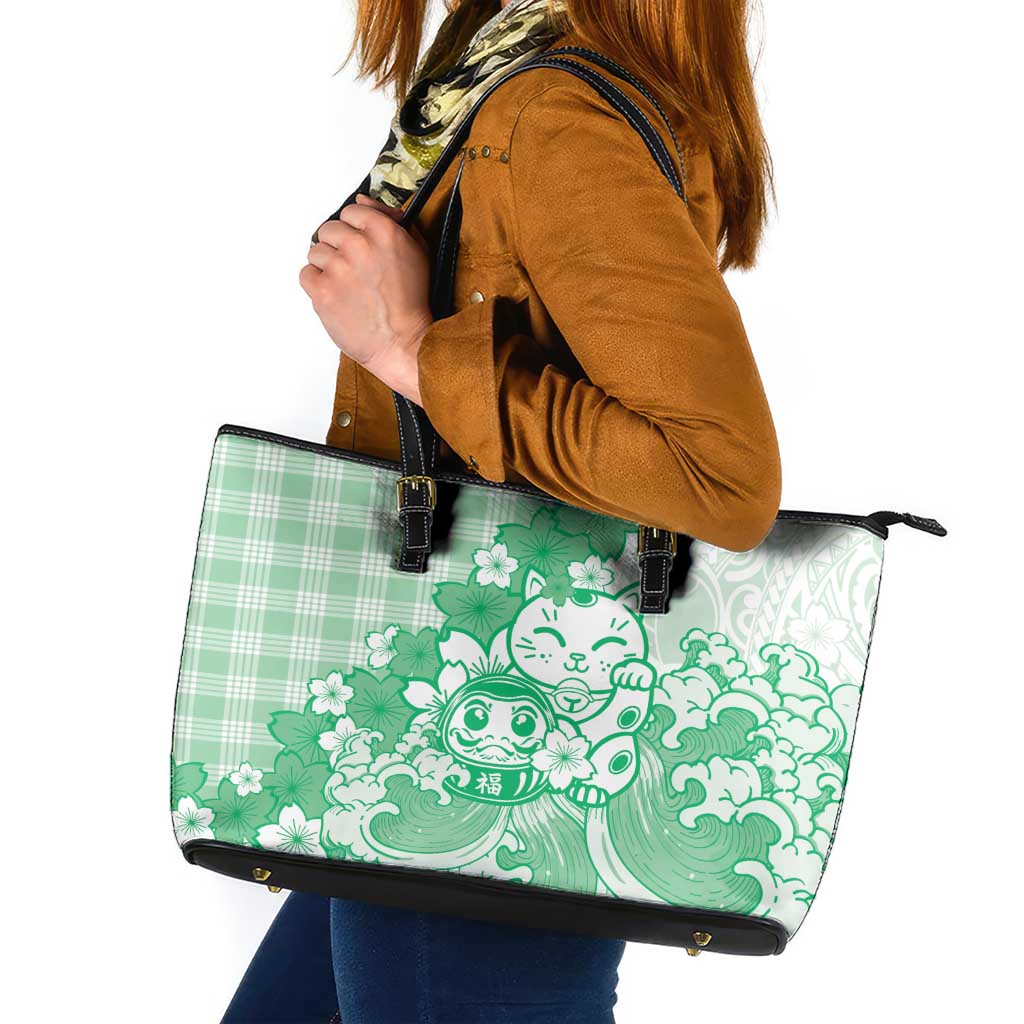 Green Palaka Hawaiian And Japanese Leather Tote Bag Maneki Neko And Sakura Bloom