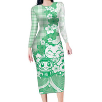 Green Palaka Hawaiian And Japanese Long Sleeve Bodycon Dress Maneki Neko And Sakura Bloom DT05 Long Dress Green - Polynesian Pride