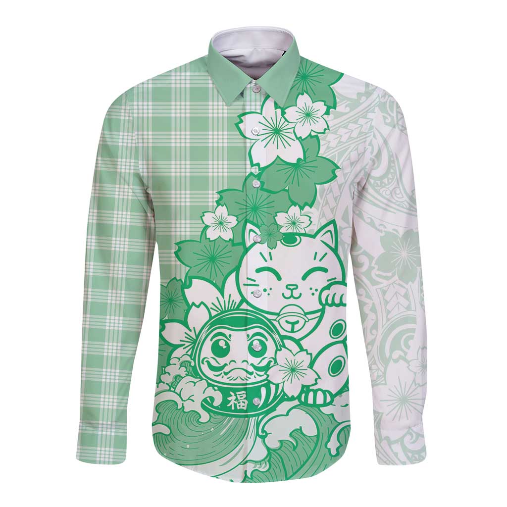 Green Palaka Hawaiian And Japanese Long Sleeve Button Shirt Maneki Neko And Sakura Bloom DT05 Unisex Green - Polynesian Pride