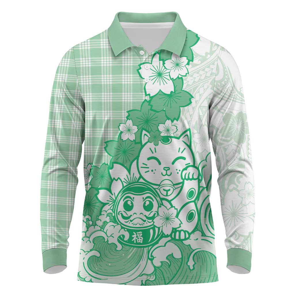 Green Palaka Hawaiian And Japanese Long Sleeve Polo Shirt Maneki Neko And Sakura Bloom DT05 Green - Polynesian Pride