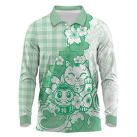 Green Palaka Hawaiian And Japanese Long Sleeve Polo Shirt Maneki Neko And Sakura Bloom DT05 Green - Polynesian Pride