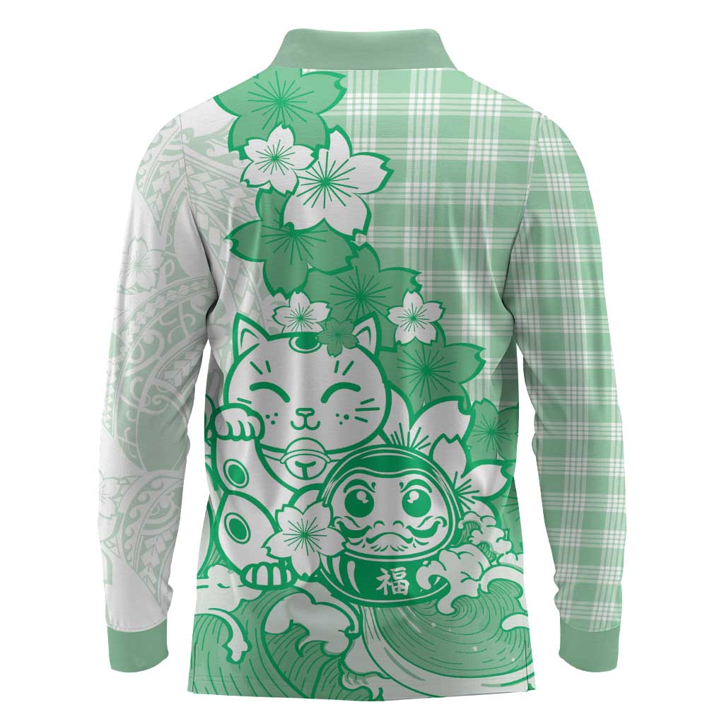 Green Palaka Hawaiian And Japanese Long Sleeve Polo Shirt Maneki Neko And Sakura Bloom DT05 - Polynesian Pride