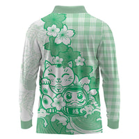 Green Palaka Hawaiian And Japanese Long Sleeve Polo Shirt Maneki Neko And Sakura Bloom DT05 - Polynesian Pride