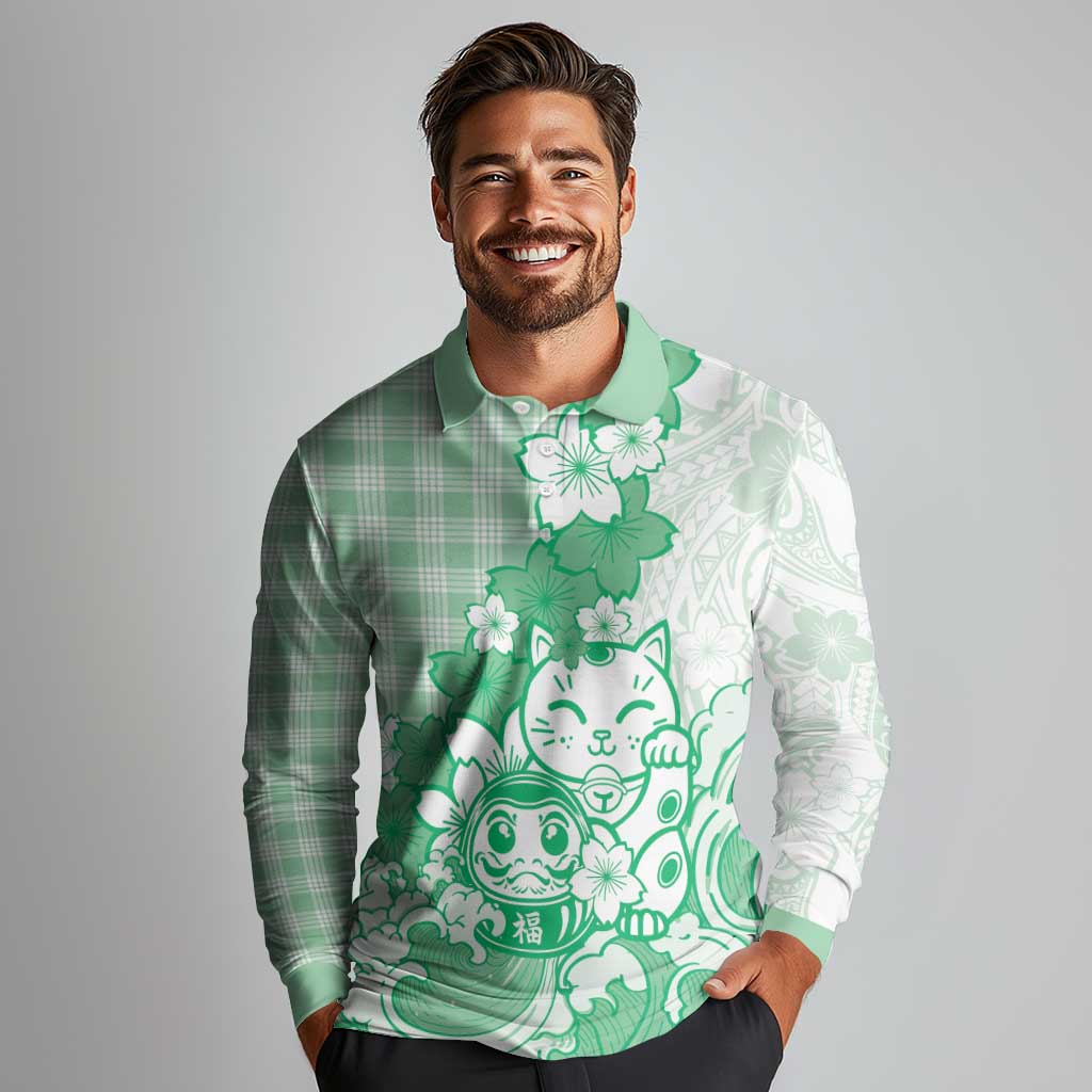 Green Palaka Hawaiian And Japanese Long Sleeve Polo Shirt Maneki Neko And Sakura Bloom DT05 - Polynesian Pride