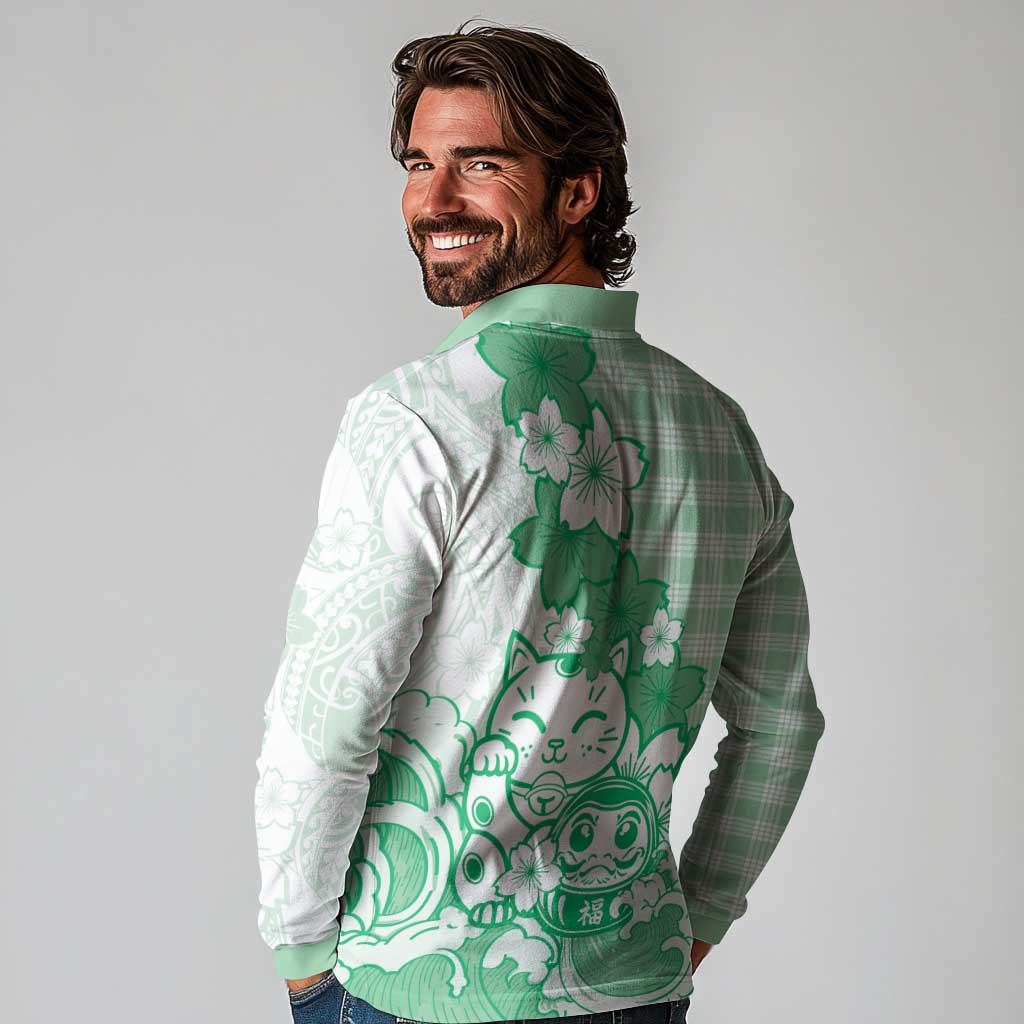 Green Palaka Hawaiian And Japanese Long Sleeve Polo Shirt Maneki Neko And Sakura Bloom DT05 - Polynesian Pride