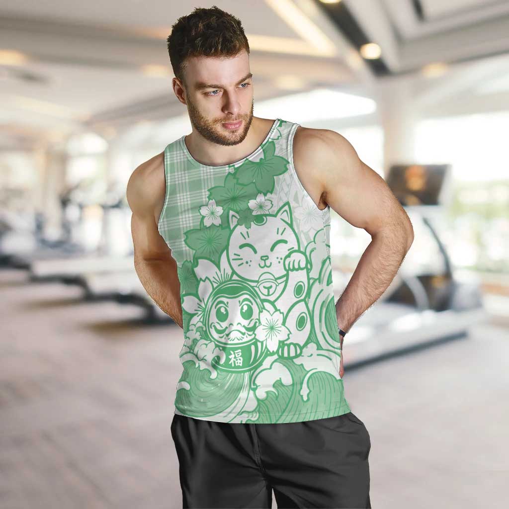 Green Palaka Hawaiian And Japanese Men Tank Top Maneki Neko And Sakura Bloom