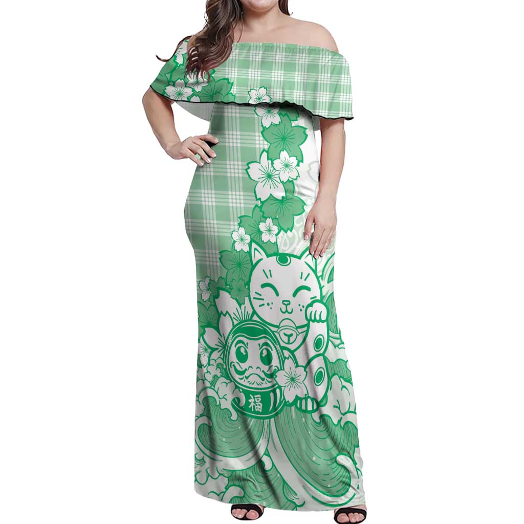 Green Palaka Hawaiian And Japanese Off Shoulder Maxi Dress Maneki Neko And Sakura Bloom DT05 Women Green - Polynesian Pride