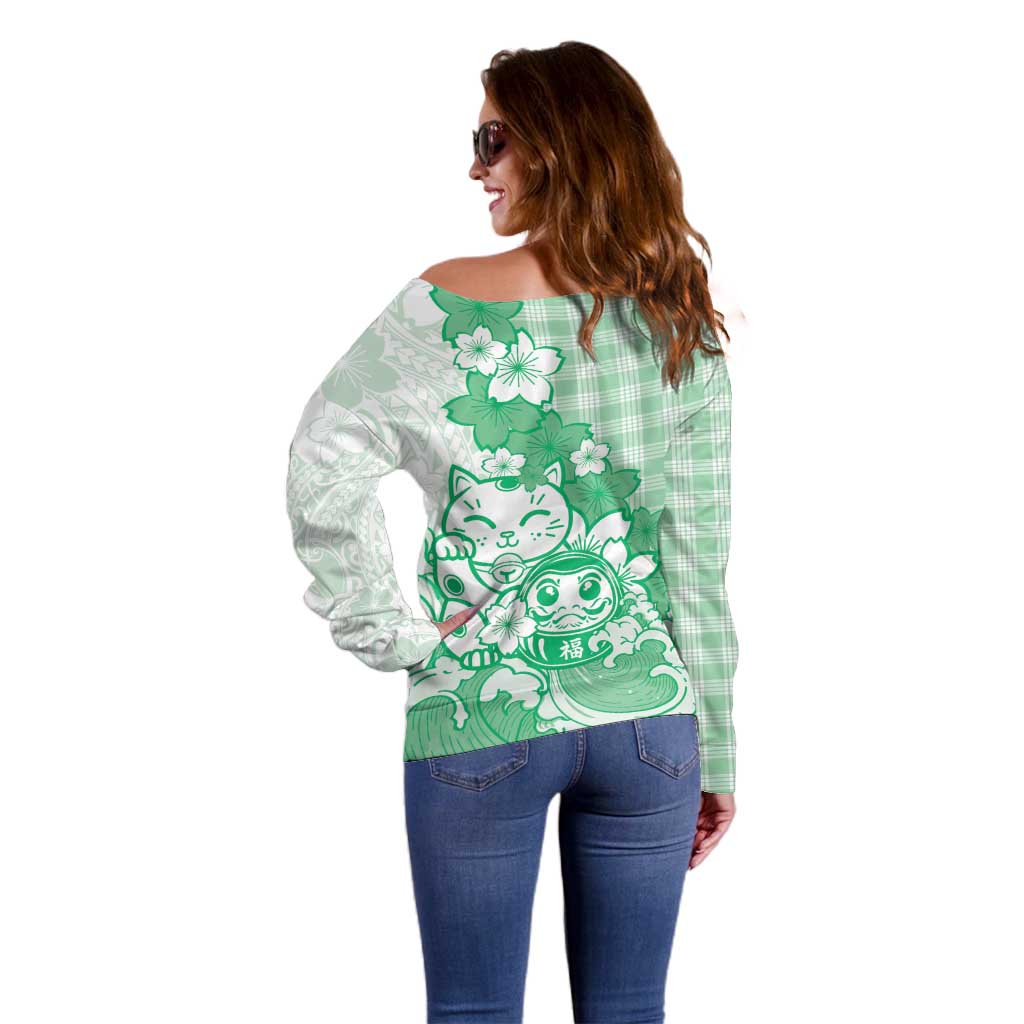 Green Palaka Hawaiian And Japanese Off Shoulder Sweater Maneki Neko And Sakura Bloom DT05 - Polynesian Pride