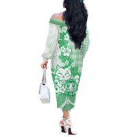 Green Palaka Hawaiian And Japanese Off The Shoulder Long Sleeve Dress Maneki Neko And Sakura Bloom DT05 - Polynesian Pride