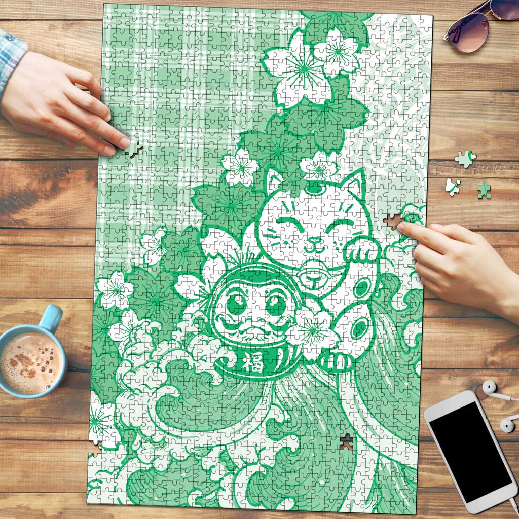 Green Palaka Hawaiian And Japanese Puzzle Maneki Neko And Sakura Bloom