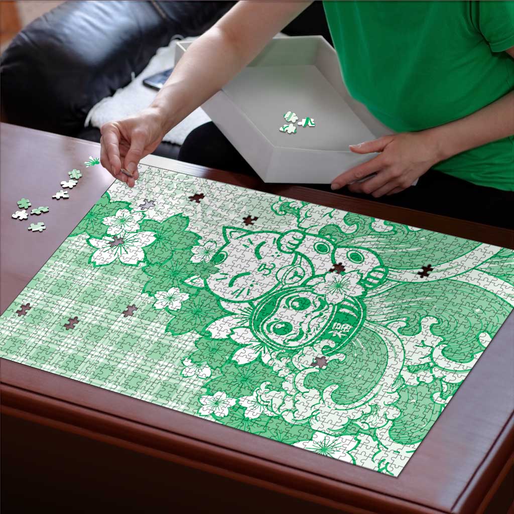 Green Palaka Hawaiian And Japanese Puzzle Maneki Neko And Sakura Bloom
