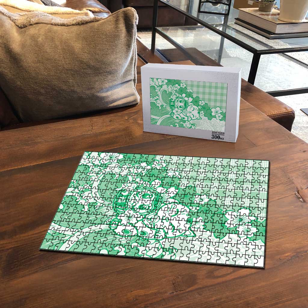 Green Palaka Hawaiian And Japanese Puzzle Maneki Neko And Sakura Bloom