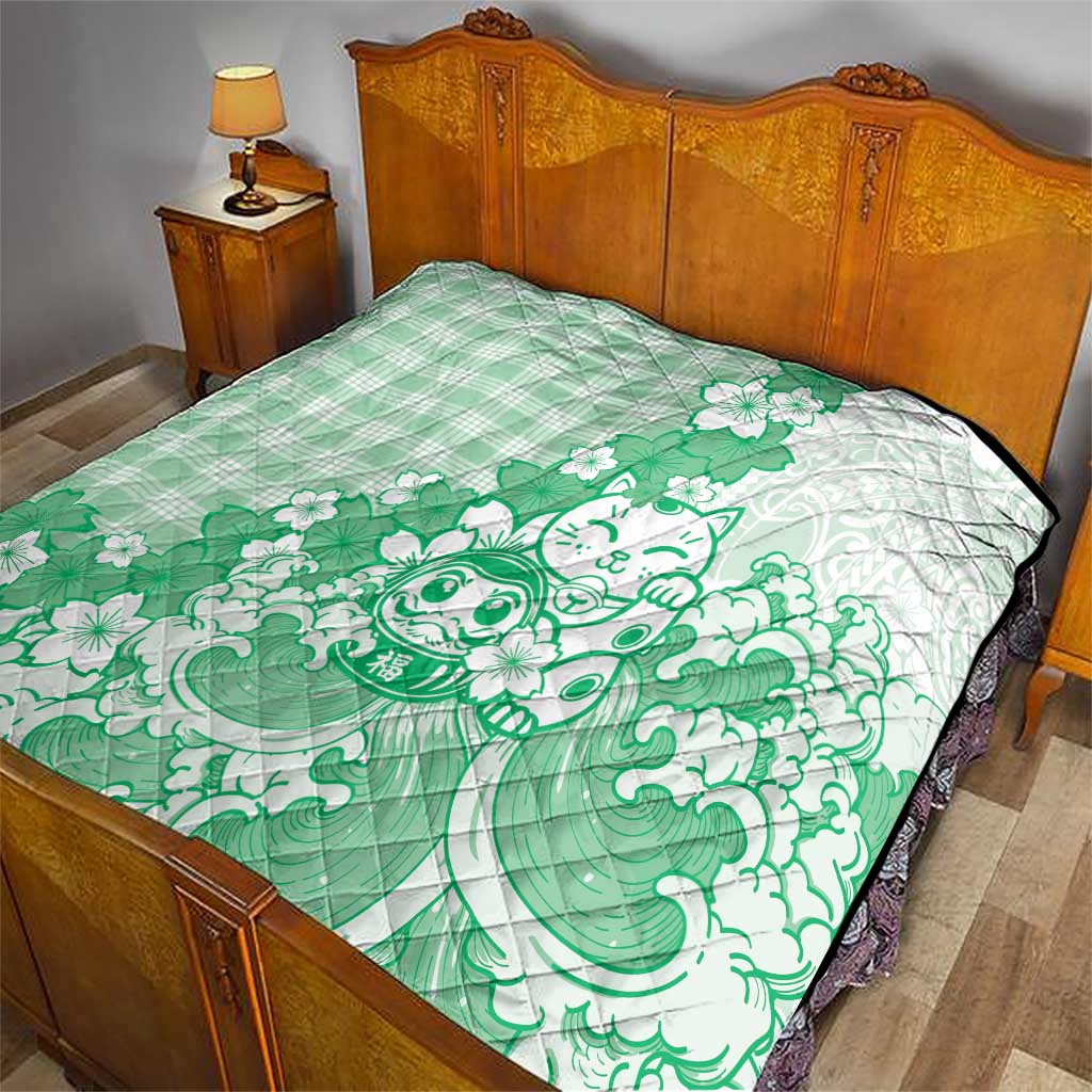 Green Palaka Hawaiian And Japanese Quilt Maneki Neko And Sakura Bloom