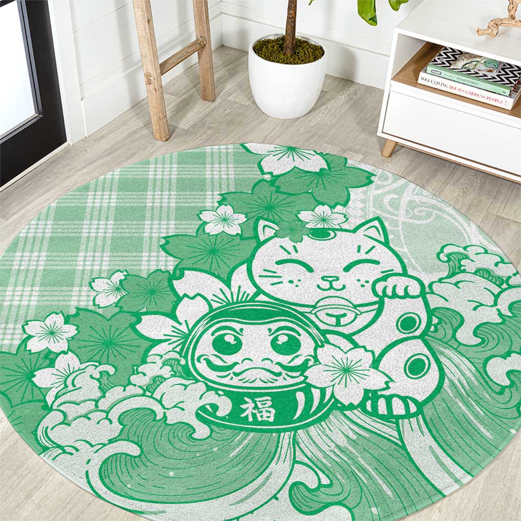 Green Palaka Hawaiian And Japanese Round Carpet Maneki Neko And Sakura Bloom DT05 Green - Polynesian Pride