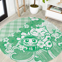 Green Palaka Hawaiian And Japanese Round Carpet Maneki Neko And Sakura Bloom DT05 Green - Polynesian Pride