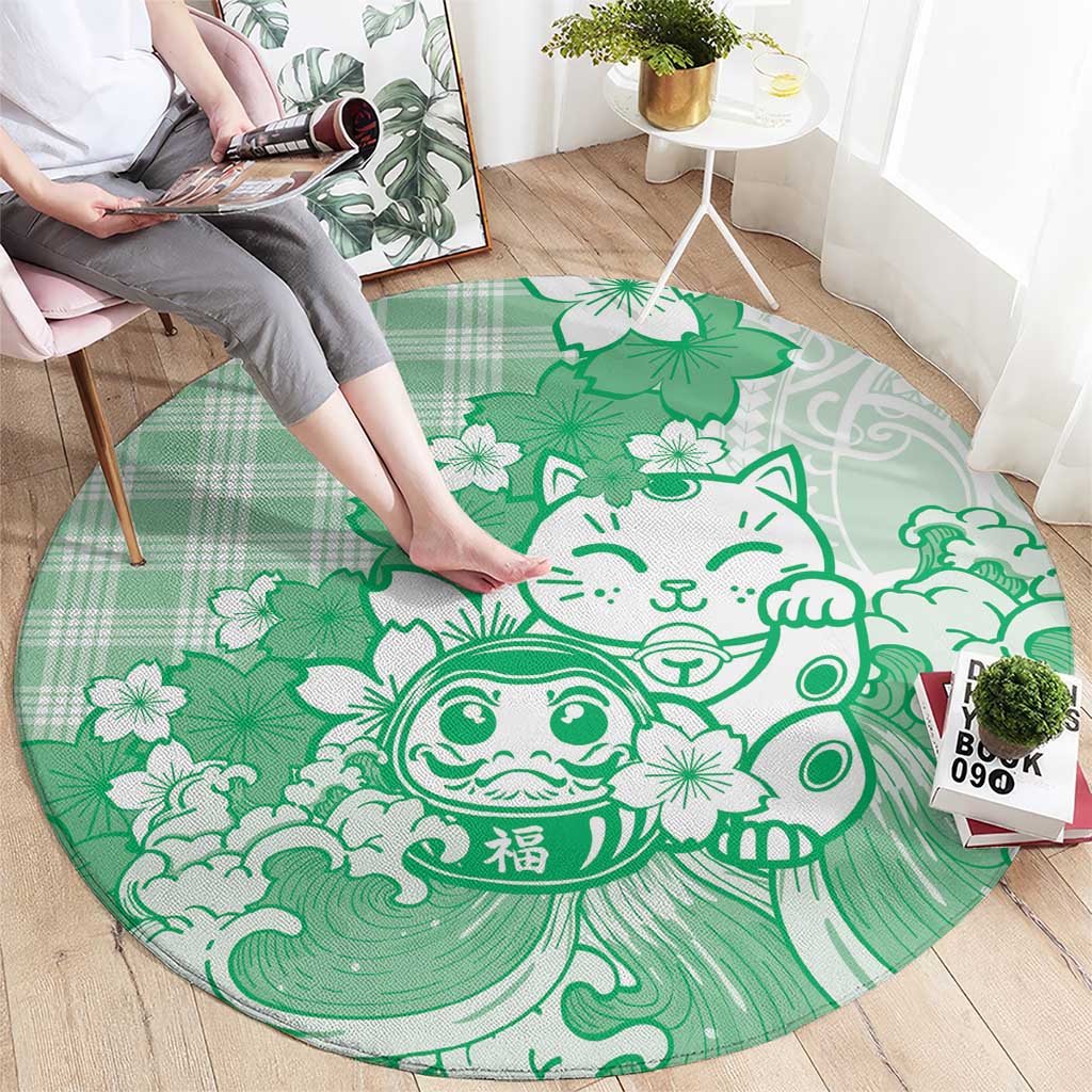 Green Palaka Hawaiian And Japanese Round Carpet Maneki Neko And Sakura Bloom DT05 - Polynesian Pride