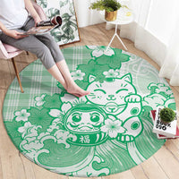 Green Palaka Hawaiian And Japanese Round Carpet Maneki Neko And Sakura Bloom DT05 - Polynesian Pride