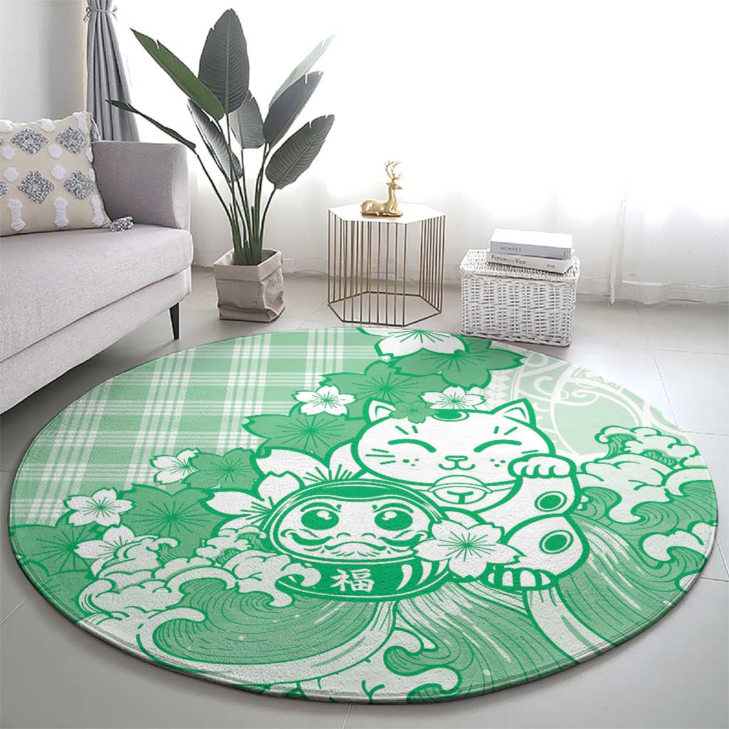 Green Palaka Hawaiian And Japanese Round Carpet Maneki Neko And Sakura Bloom DT05 - Polynesian Pride