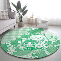 Green Palaka Hawaiian And Japanese Round Carpet Maneki Neko And Sakura Bloom DT05 - Polynesian Pride
