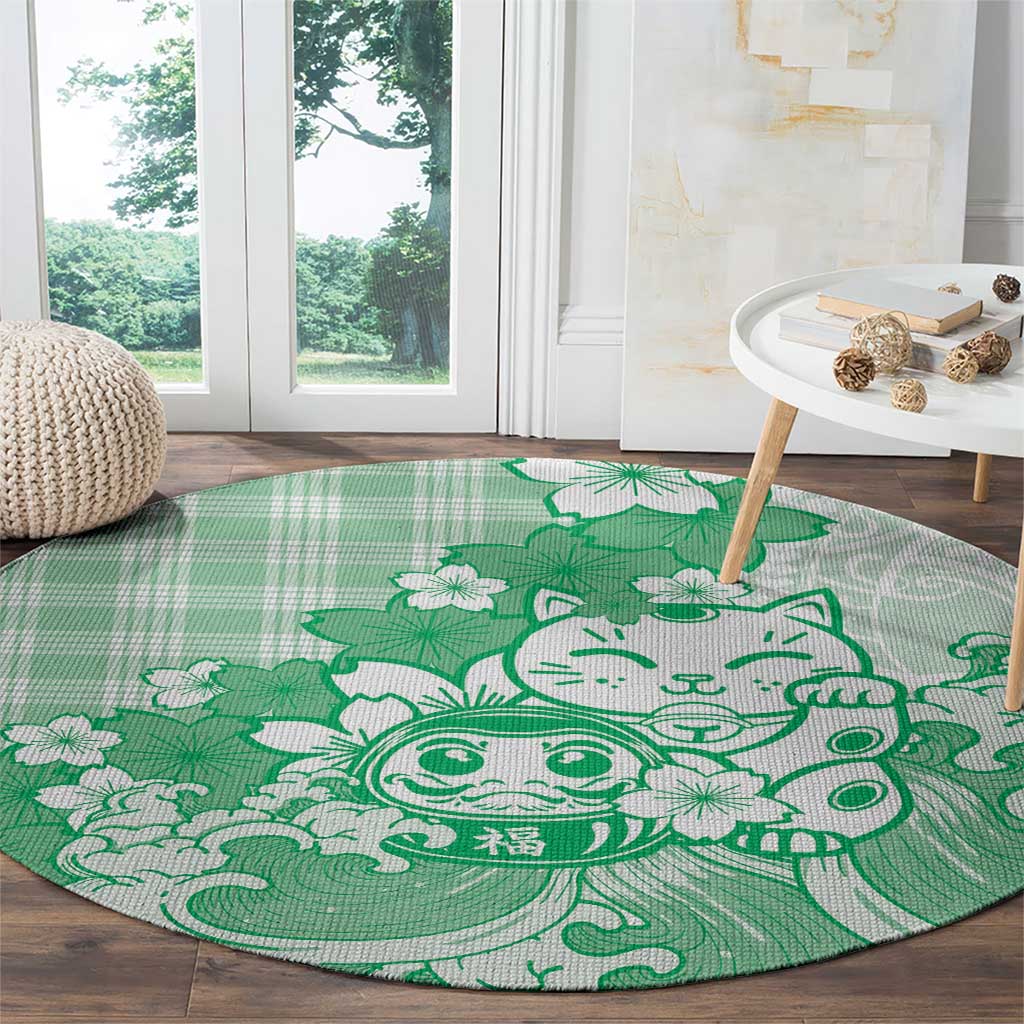 Green Palaka Hawaiian And Japanese Round Carpet Maneki Neko And Sakura Bloom DT05 - Polynesian Pride
