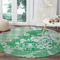 Green Palaka Hawaiian And Japanese Round Carpet Maneki Neko And Sakura Bloom DT05 - Polynesian Pride