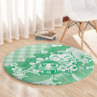 Green Palaka Hawaiian And Japanese Round Carpet Maneki Neko And Sakura Bloom DT05 - Polynesian Pride
