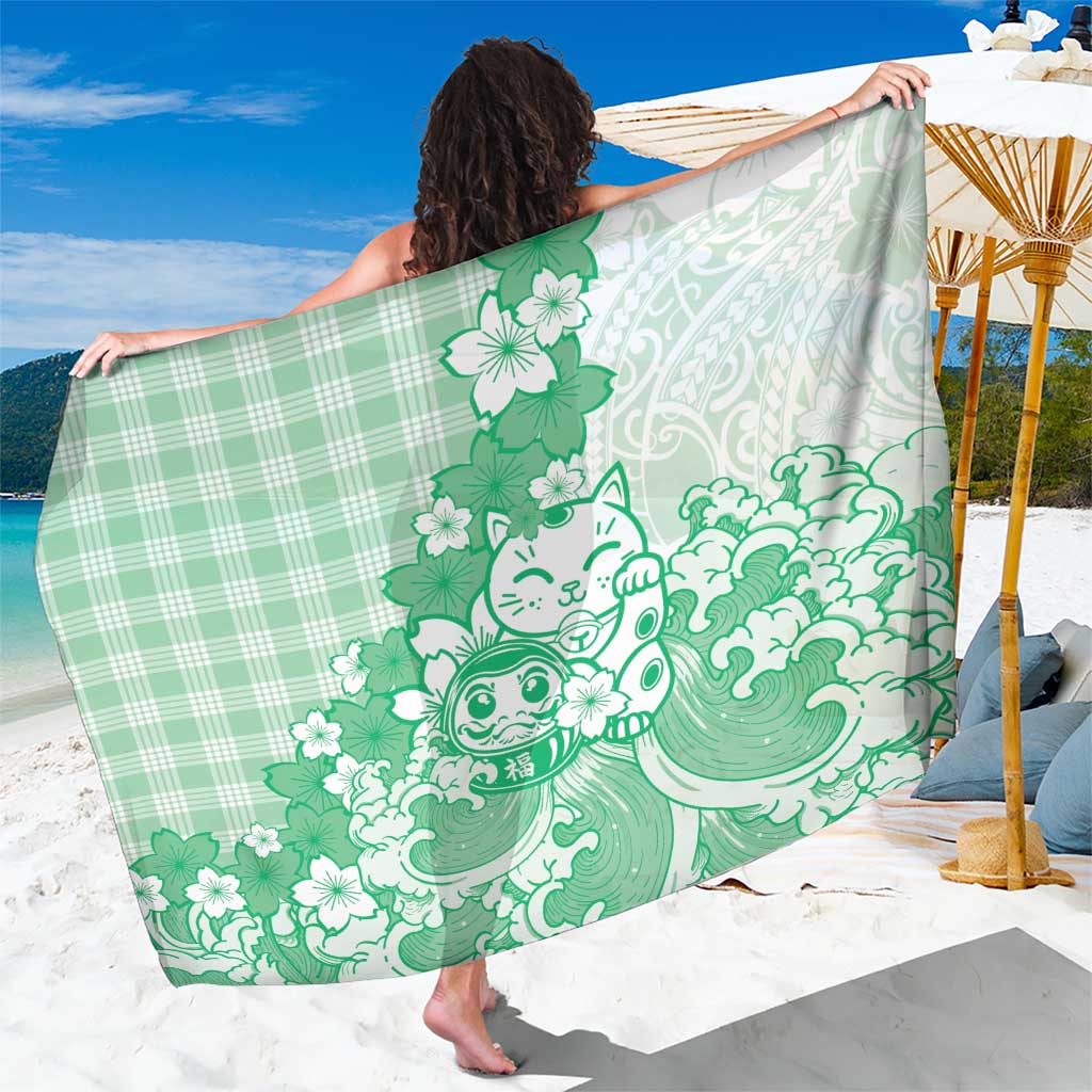 Green Palaka Hawaiian And Japanese Sarong Maneki Neko And Sakura Bloom