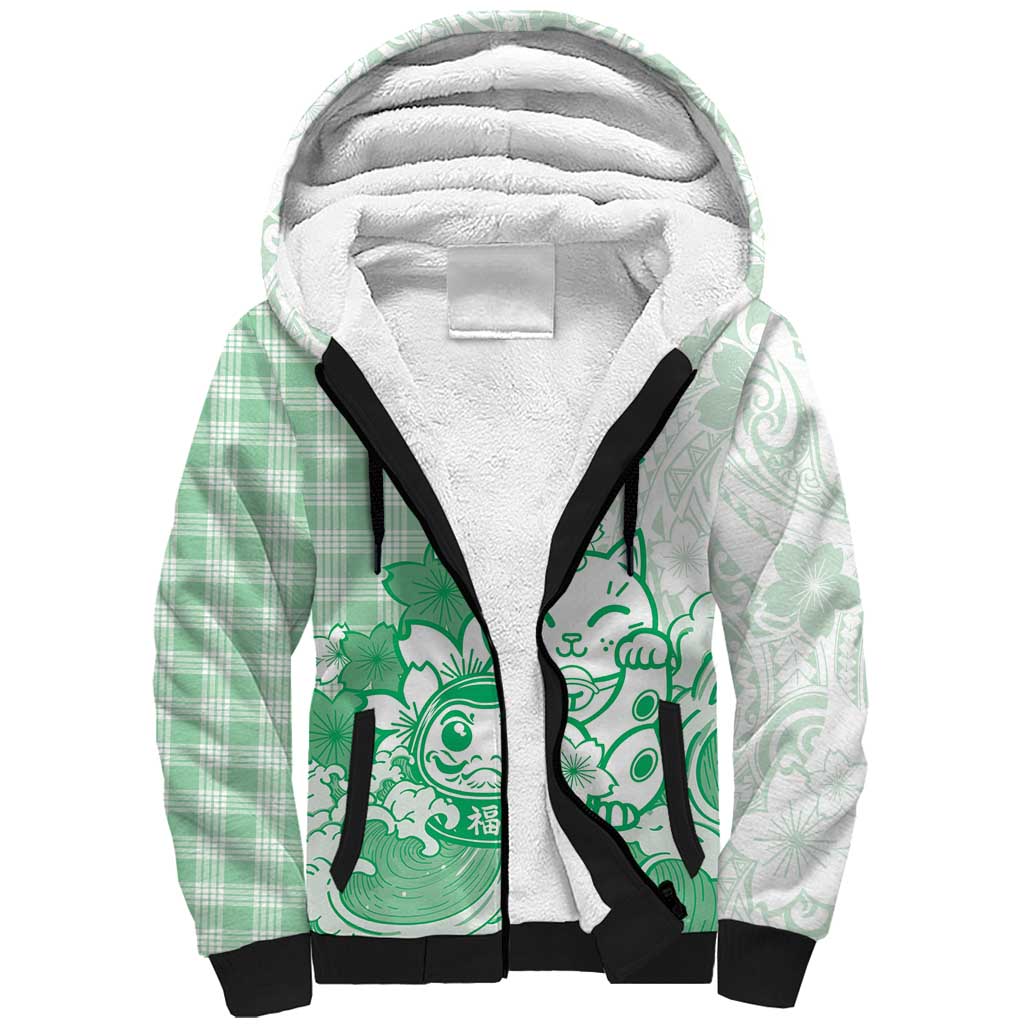 Green Palaka Hawaiian And Japanese Sherpa Hoodie Maneki Neko And Sakura Bloom