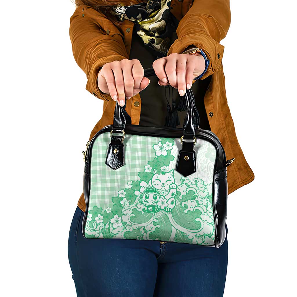 Green Palaka Hawaiian And Japanese Shoulder Handbag Maneki Neko And Sakura Bloom DT05 One Size Green - Polynesian Pride