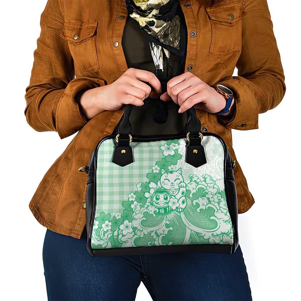 Green Palaka Hawaiian And Japanese Shoulder Handbag Maneki Neko And Sakura Bloom DT05 - Polynesian Pride