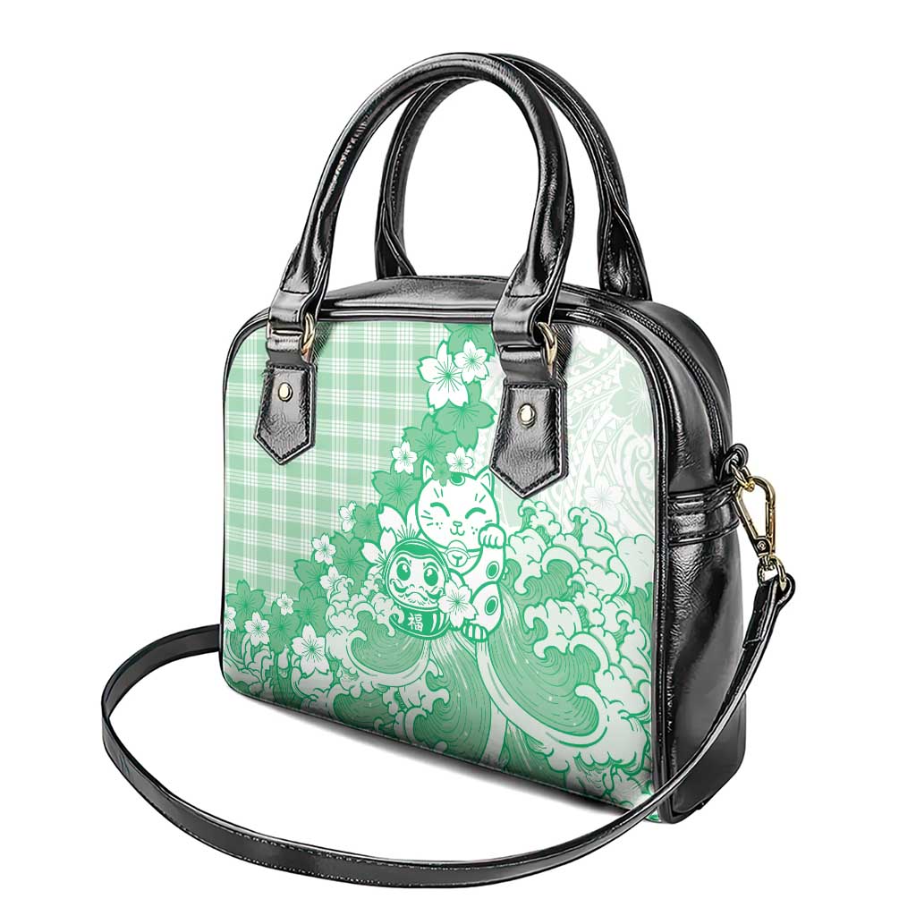 Green Palaka Hawaiian And Japanese Shoulder Handbag Maneki Neko And Sakura Bloom DT05 - Polynesian Pride