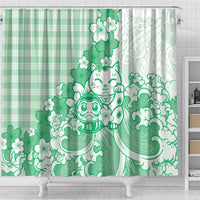 Green Palaka Hawaiian And Japanese Shower Curtain Maneki Neko And Sakura Bloom