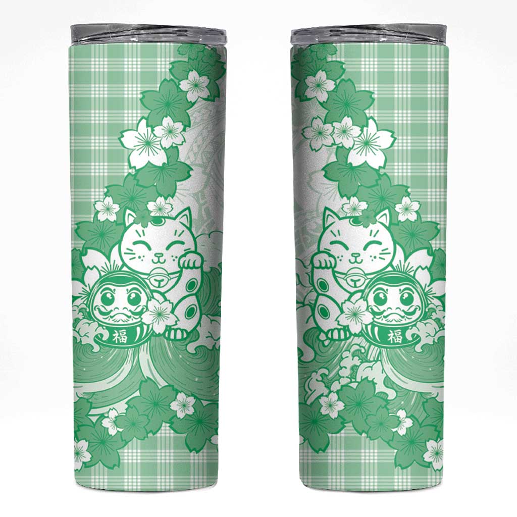 Green Palaka Hawaiian And Japanese Skinny Tumbler Maneki Neko And Sakura Bloom DT05 Green - Polynesian Pride