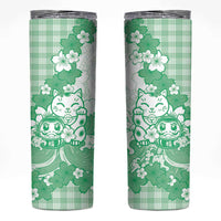 Green Palaka Hawaiian And Japanese Skinny Tumbler Maneki Neko And Sakura Bloom DT05 Green - Polynesian Pride
