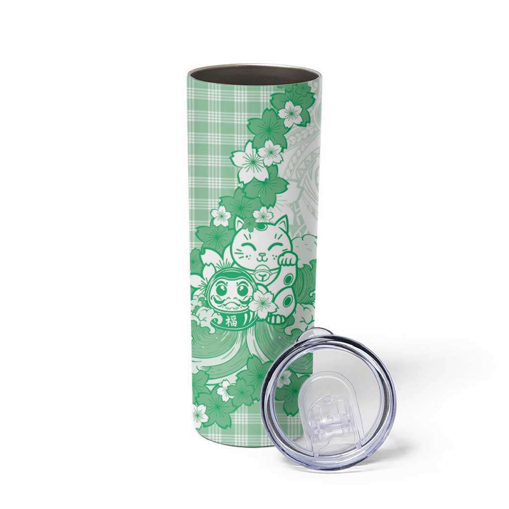 Green Palaka Hawaiian And Japanese Skinny Tumbler Maneki Neko And Sakura Bloom DT05 - Polynesian Pride