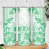 Green Palaka Hawaiian And Japanese Skinny Tumbler Maneki Neko And Sakura Bloom DT05 - Polynesian Pride