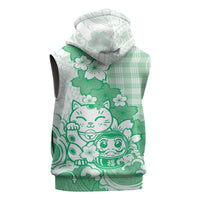 Green Palaka Hawaiian And Japanese Sleeveless Hoodie Maneki Neko And Sakura Bloom
