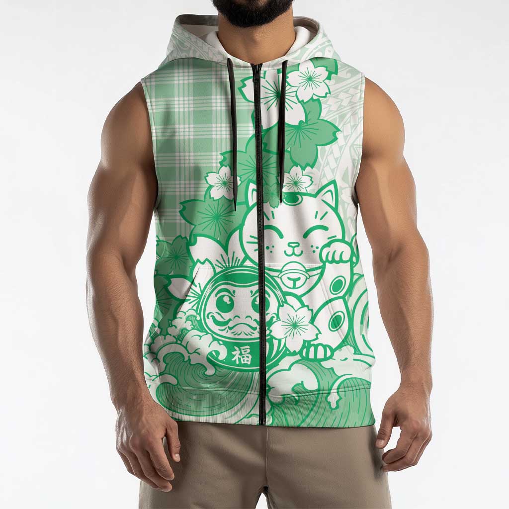 Green Palaka Hawaiian And Japanese Sleeveless Zip Hoodie Maneki Neko And Sakura Bloom DT05 - Polynesian Pride