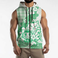 Green Palaka Hawaiian And Japanese Sleeveless Zip Hoodie Maneki Neko And Sakura Bloom DT05 - Polynesian Pride