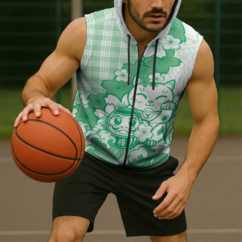 Green Palaka Hawaiian And Japanese Sleeveless Zip Hoodie Maneki Neko And Sakura Bloom DT05 - Polynesian Pride